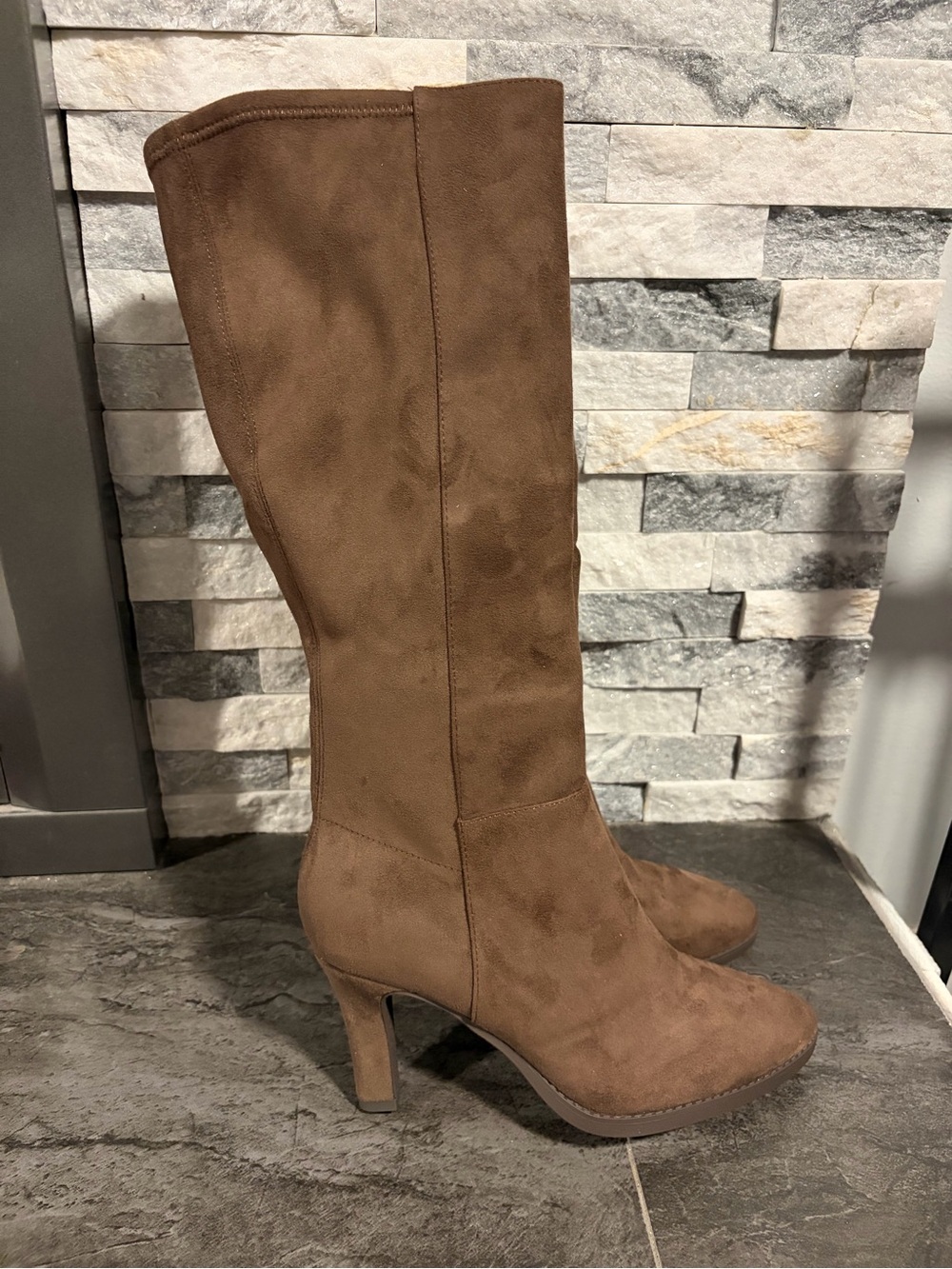 Chocolate Brown Suede Knee-High Heeled Boots